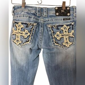 Miss Me Bootcut Jeans 27 Short Crystal Cross Bling 28 Inseam distressed wash